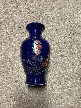 Japanese Vintage Vase Cobalt Blue Gold Hand Painted Floral Ceramic